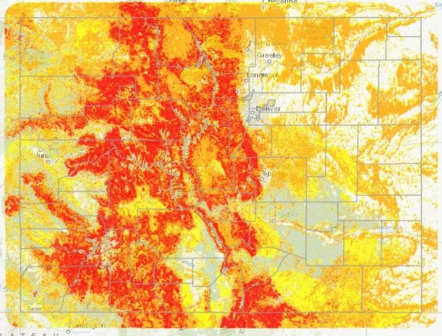 Colorado elevation gradient map with red and yellow areas.