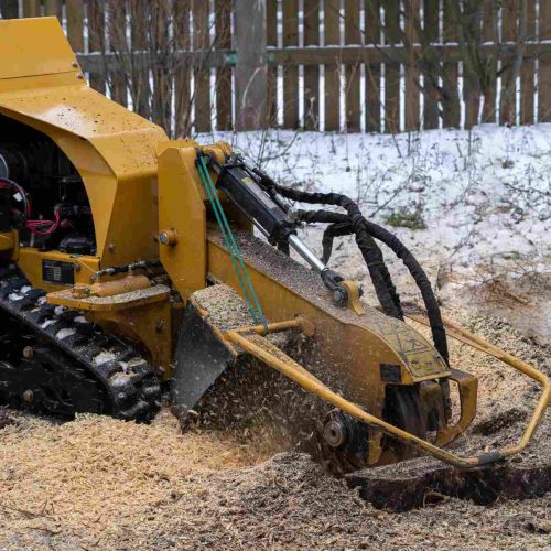 Stump grinder machine removing tree stump in snowy backyard.